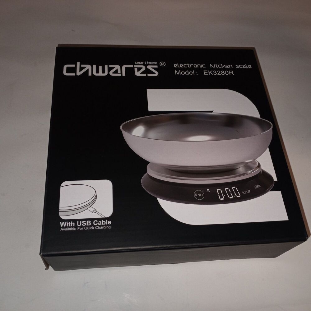 Chwares Digital Kitchen Scale Rechargeable USB Stainless Steel Bowl NIB